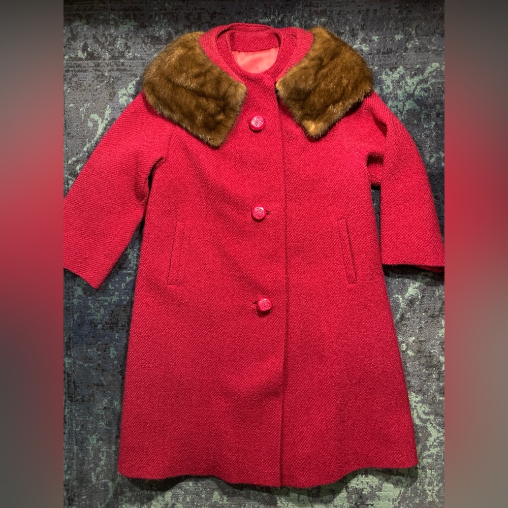 Vintage Swing Wool Coat, Fuschia w/Fur Collar,  ~Medium - Large
